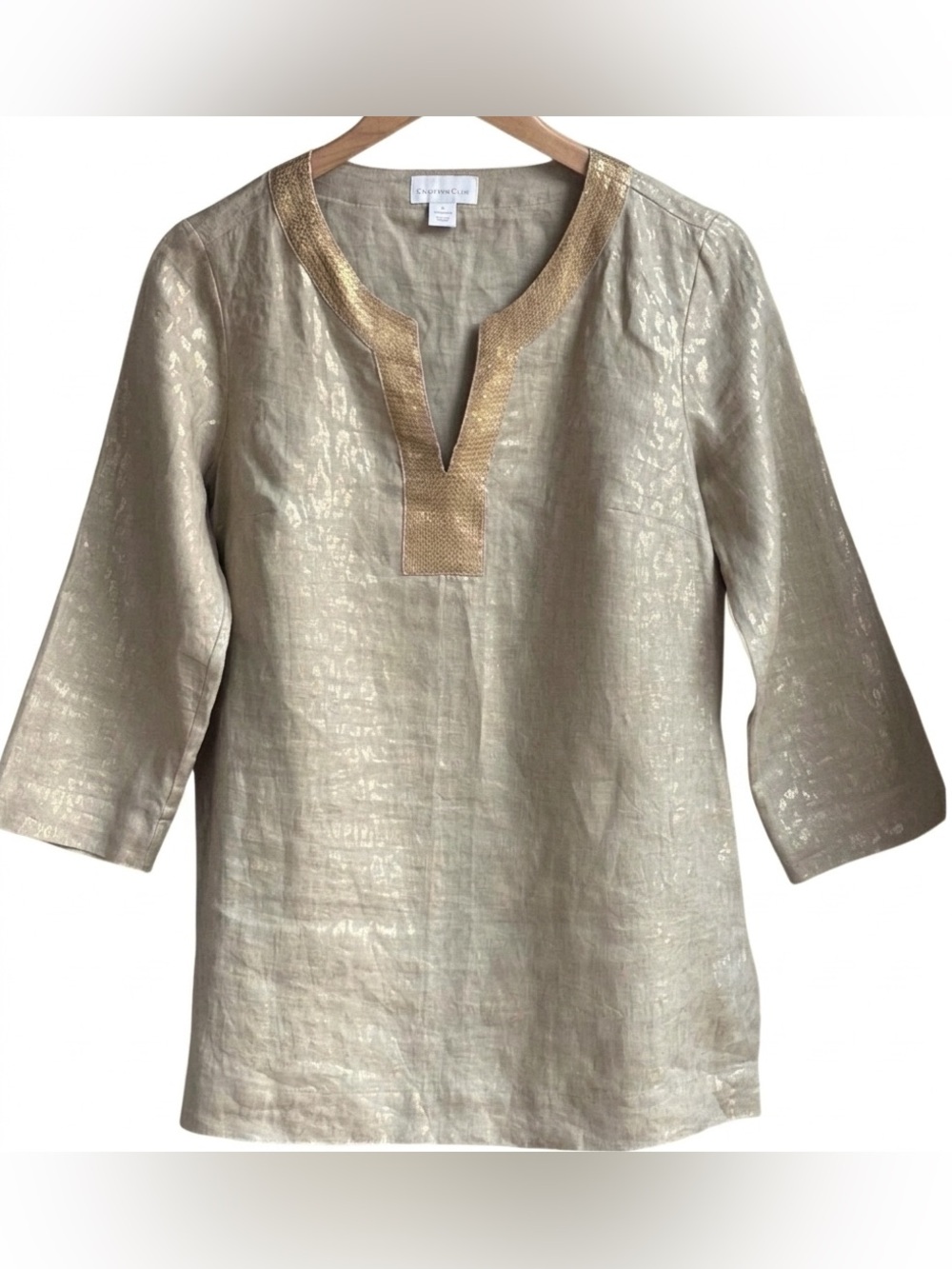 Charter Club Linen Animal Print Sequin Tunic Top 6 Gold Metallic V-Neck Blouse